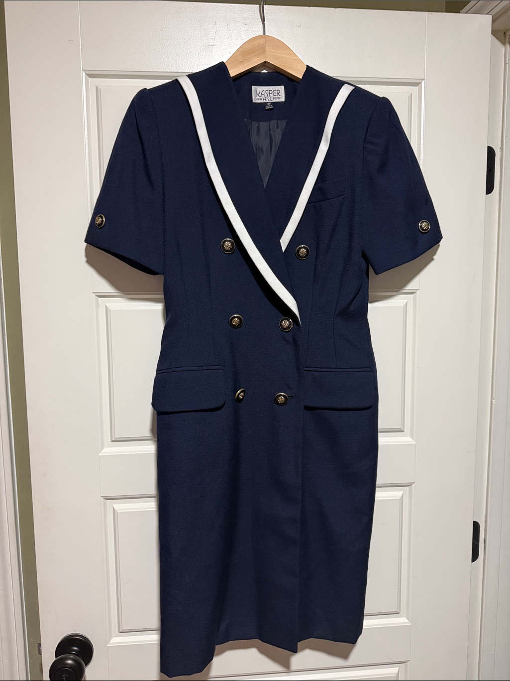 Kasper Navy Double-Breasted Midi Dress With White Trim